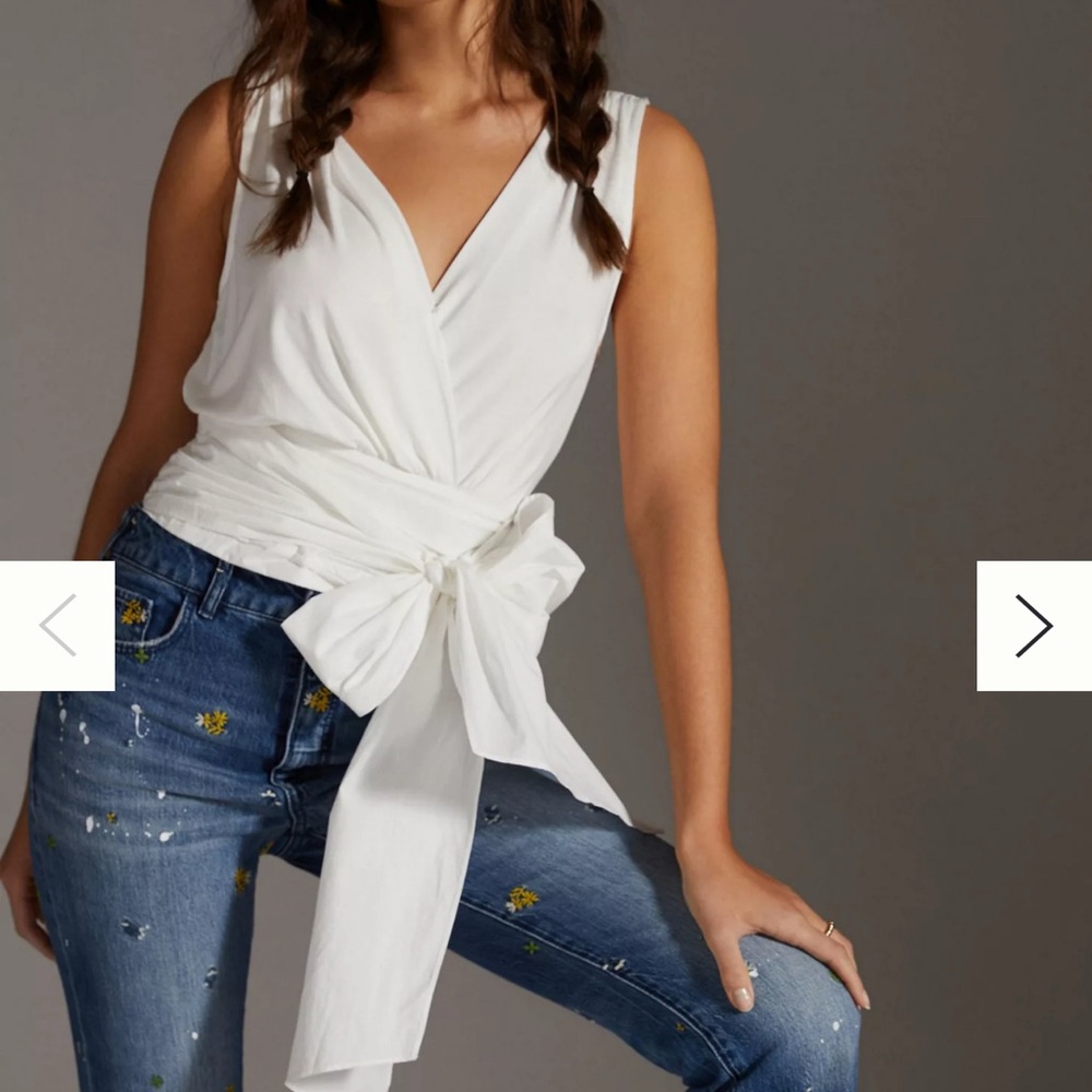 Anthropologie White Sleeveless Wrap Tie-Front Blouse
